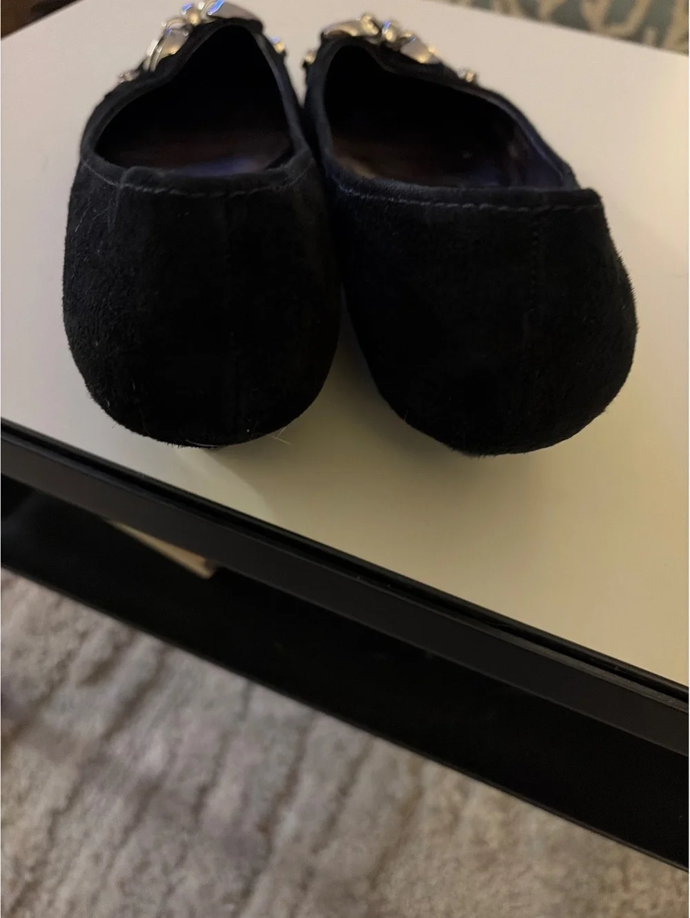 Via Spiga Black Pointed Toe kitten heels with Silver Buckle Detail, Size 7.5
